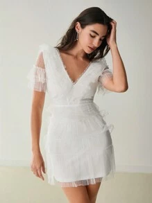 Enchnt Vestido curto de malha elegante de cor sólida para verão feminino - Branco - Ver 5