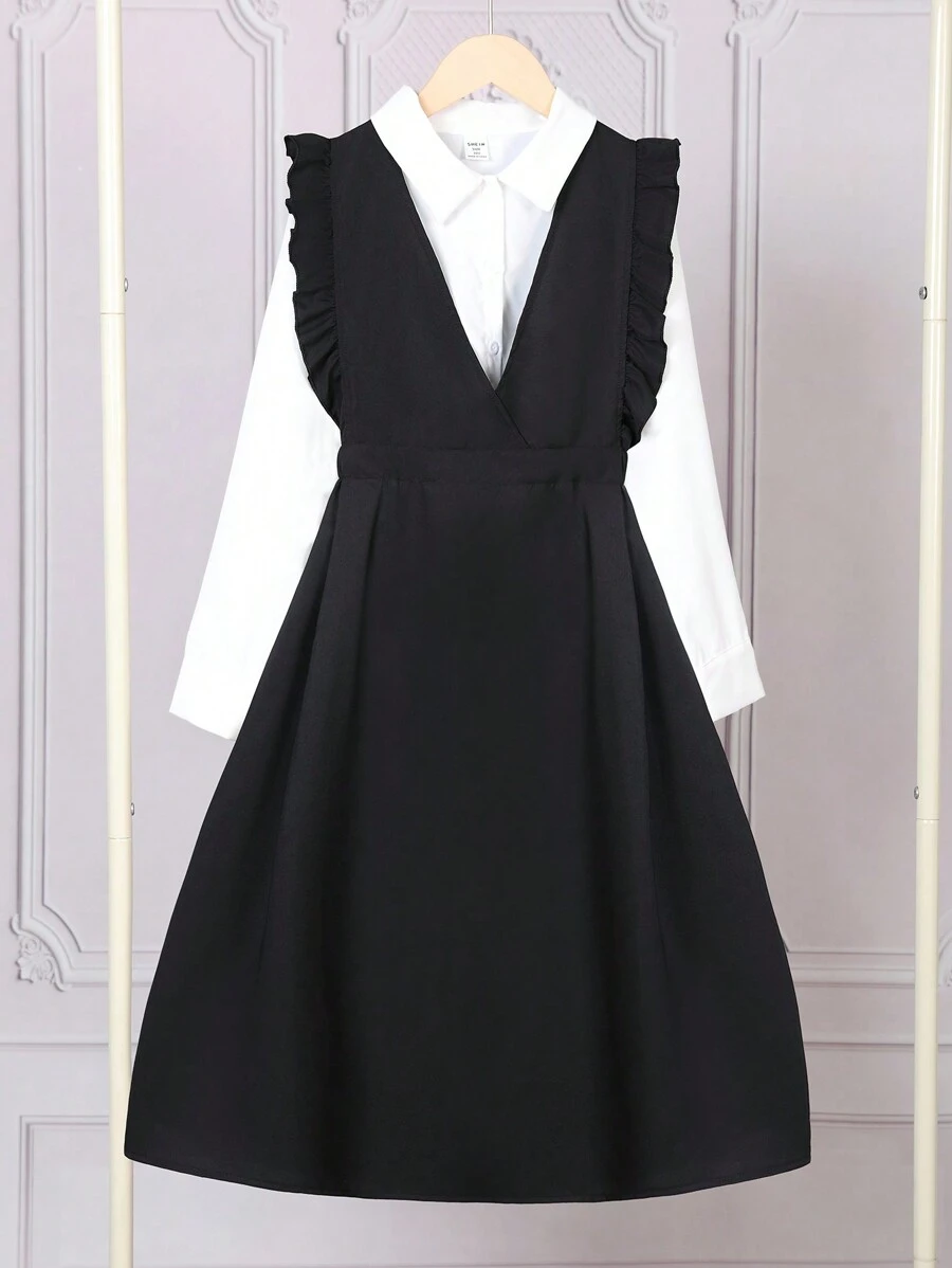 2 件套 女童前扣长袖衬衫和 V 领荷叶边下摆无袖裹身裙