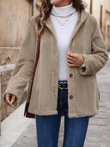 SHEIN LUNE Chaqueta reversible cálida y esponjosa de longitud media con capucha para mujer, térmica para otoño/invierno - Caqui - Ver 1
