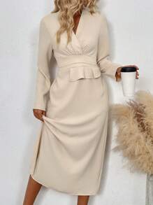 Chiquease Robe décontracté à manches longues et col en V simple de couleur unie pour femme - Nude - Voir 1