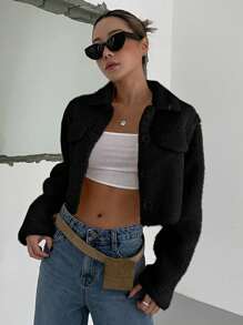 DAZY Áo khoác ngắn tay dài bằng vải nỉ trơn màu cho nữ, mùa thu đông - màu đen - Xem 1