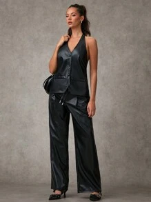 SHEIN BAE Pantalones de moda rectos y sueltos de unicolor con bolsillos de PU para mujer - Negro - Ver 6