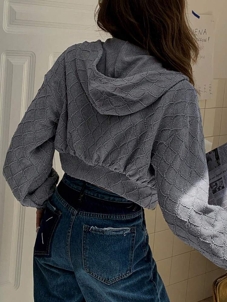 Women Plain Color Short Textured Hooded Zip-Up Sweatshirt,Fall Women Clothes Jacket