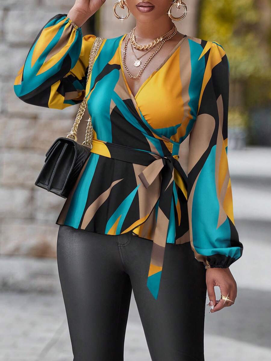 SHEIN Unity 女士拼色印花长袖衬衫（印花多种）荷叶边上衣