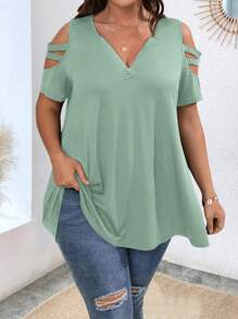 SHEIN LUNE 大码女式夏季纯色拉链半襟露肩短袖休闲 T 恤 - 綠色 - 查看 5