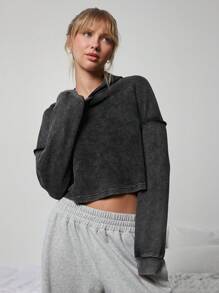 WESTFADE 华夫格针织休闲短款棉质连帽衫 - 黑色 - 查看 5