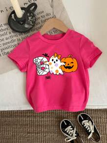SHEIN 3pcs/Set Baby Girl Halloween Casual Cute Cartoon Pumpkin, Flower, Ghost Graphic Pink & White Short Sleeve Loose Round Neck Top, Suitable For Summer - Multicolor - View 5