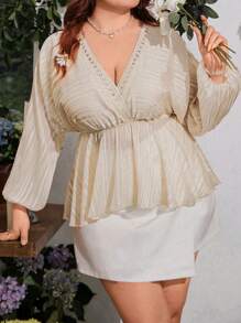 SHEIN Clasi Plus Size V-Neck Ruffle Trim Silver Blouse - Apricot - View 5