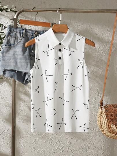 SHEIN LUNE Women's Summer Golf Racket Print Polo Neck Sleeveless Tank Top