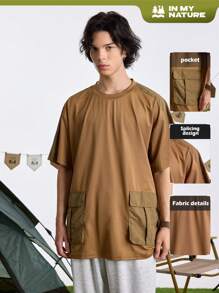In My Nature Men's Round Neck Short Sleeve Solid Color Simple Style Pocket Design Outdoor Sports T-Shirt - Khaki - View 1