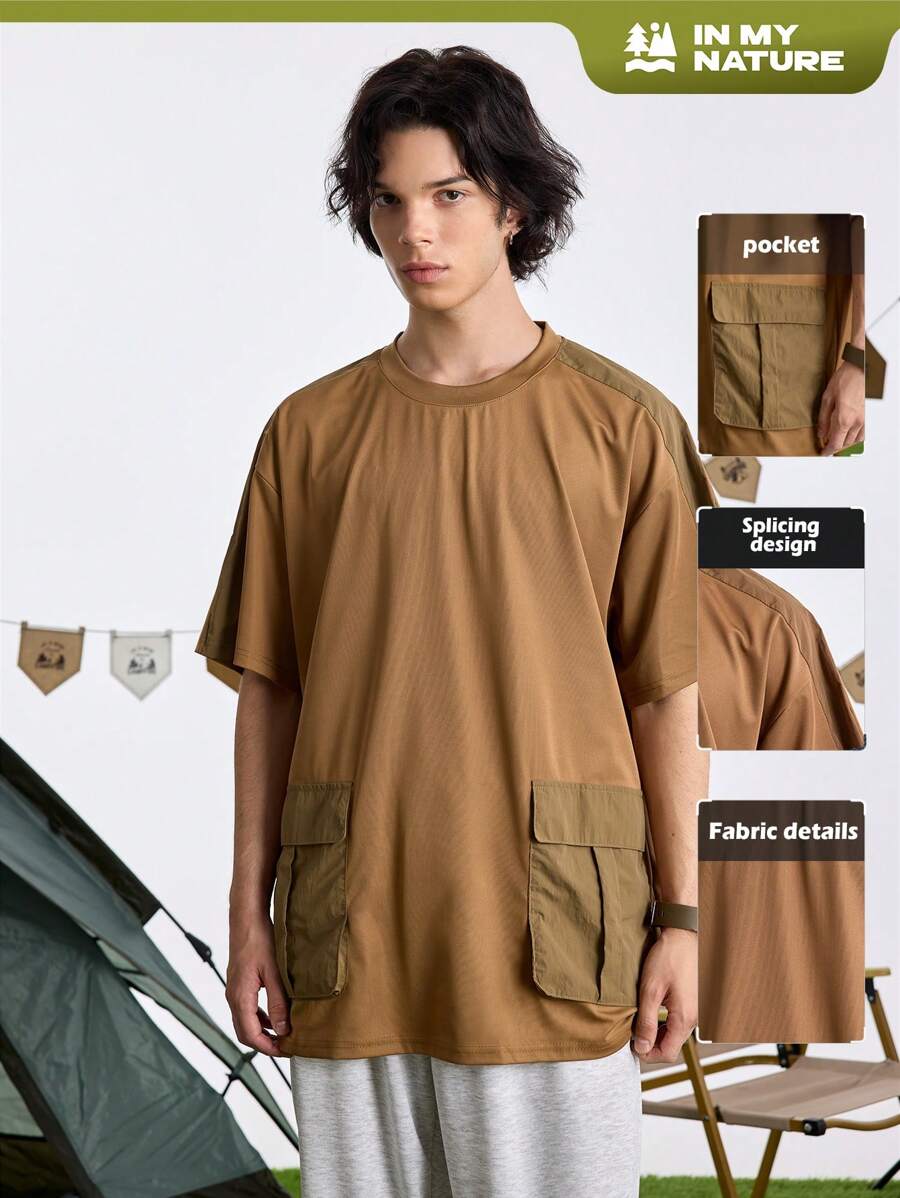 In My Nature Men's Round Neck Short Sleeve Solid Color Simple Style Pocket Design Outdoor Sports T-Shirt - Khaki - View 1