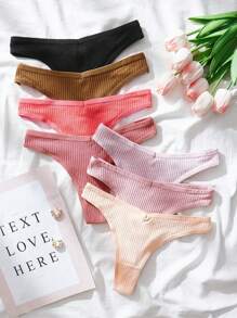 SHEIN 7 paquetes Tangas sexys de punto acanalado liso - Multicolor - Ver 6