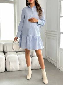 SHEIN Vestido midi de manga larga con cuello polo a rayas para embarazadas, otoño