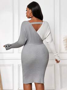 SHEIN Lady 秋冬季优雅灰色精纺 V 领冬季连衣裙长袖新品大码毛衣商务休闲女装 - 彩色 - 查看 4