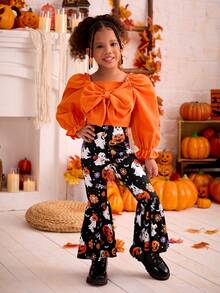 SHEIN 2pcs Young Girl Halloween Theme Knitted Square Neck Ruched Bow Decor Puff Sleeve Crop Top And Knitted Fitted Flared Pants Fall Set - Multicolor - View 2