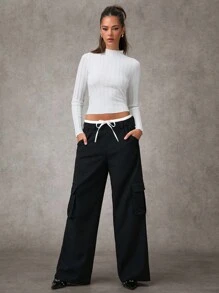 SHEIN BAE Women's Solid Crew Neck Long Sleeve Casual Sweater Fall Women Sweaters Fall Women Clothes Fall Tops Long Sleeves Woman Winter Women Clothes Fall Women Tops White Turtleneck Winter Tops Winter Clothes Long Sleeve Women Tops Halloween Sweater - White - View 1