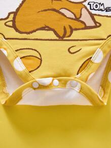 TOM & JERRY X SHEIN 女婴卡通印花荷叶边连体衣和黄色圆点裤，配可爱蝴蝶结头带 - 黃色 - 查看 4