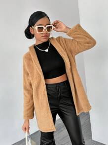 青少年女孩休闲长款双面羊毛保暖风衣外套 - 棕色 - 查看 5