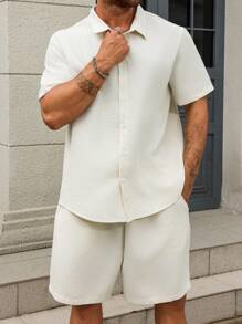 Manfinity Homme 2pcs Men's Plus Size Summer Casual Solid Color Short Sleeve Shirt & Shorts Set - Apricot - View 5