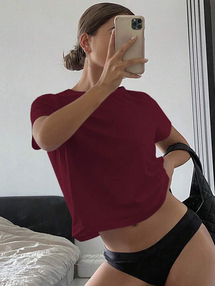 Women Solid Color Round Neck Fitted Short Sleeve Base T-Shirt Summer