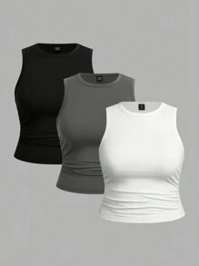 SHEIN EZwear 3件套加大码女式休闲无袖圆领背心，适合夏季穿着 - 彩色 - 查看 1