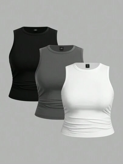 SHEIN EZwear 3件套加大码女式休闲无袖圆领背心，适合夏季穿着