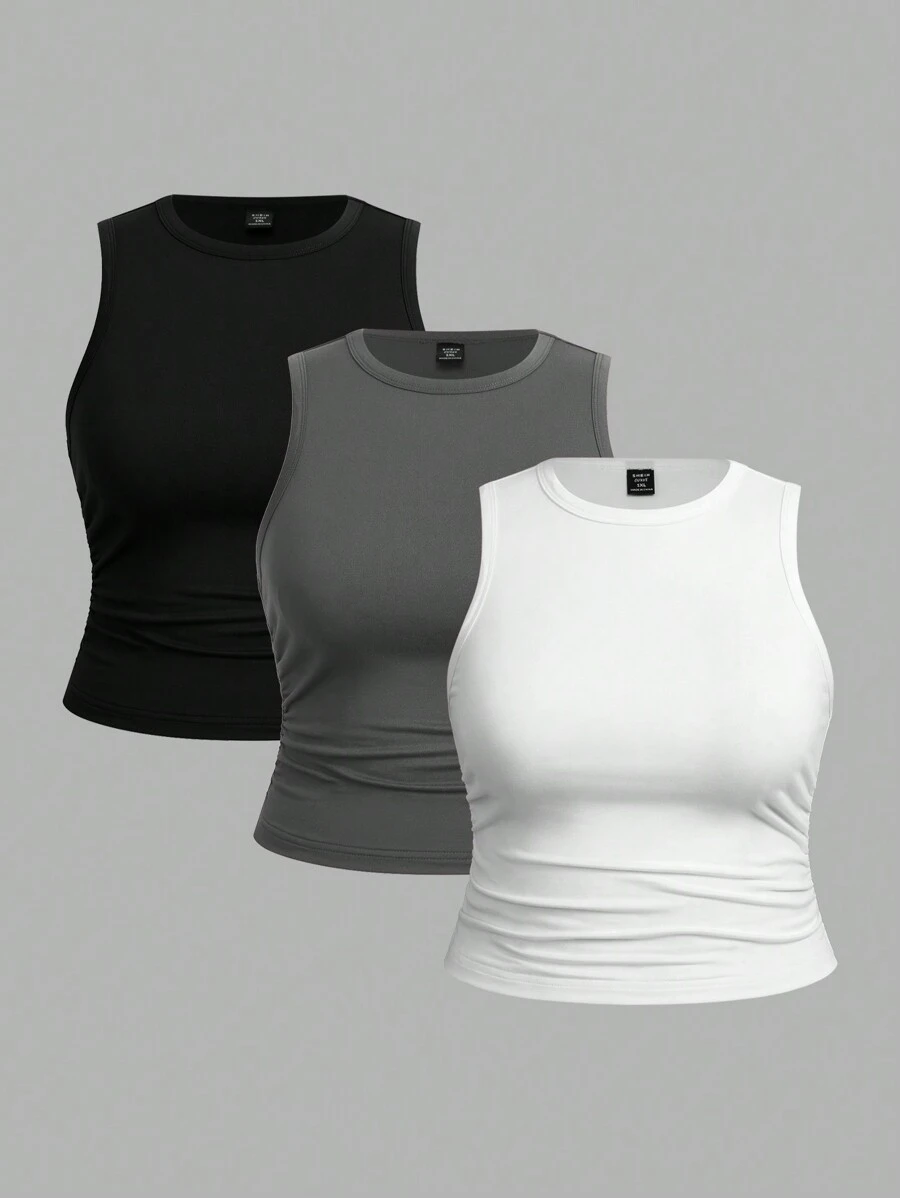 SHEIN EZwear 3件套加大码女式休闲无袖圆领背心，适合夏季穿着 - 彩色 - 查看 1