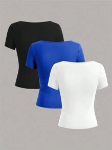 SHEIN EZwear 3 件女式黑色、白色、蓝色短袖短款休闲紧身 T 恤，适合夏季 - 彩色 - 查看 2