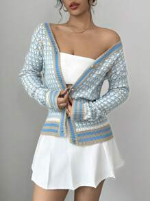 Selianne Áo len cardigan dài tay thường ngày màu tương phản dành cho nữ, áo dài tay - Màu xanh lam - Xem 5