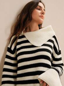 Anewsta Striped Contrast Color Lapel Loose Urban Women Sweater, Knit Pullover Fall Winter - Apricot - View 4