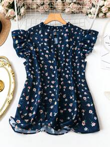 SHEIN Clasi Blusa holgada con volantes y estampado floral pequeño para mujer talla extra, para el verano