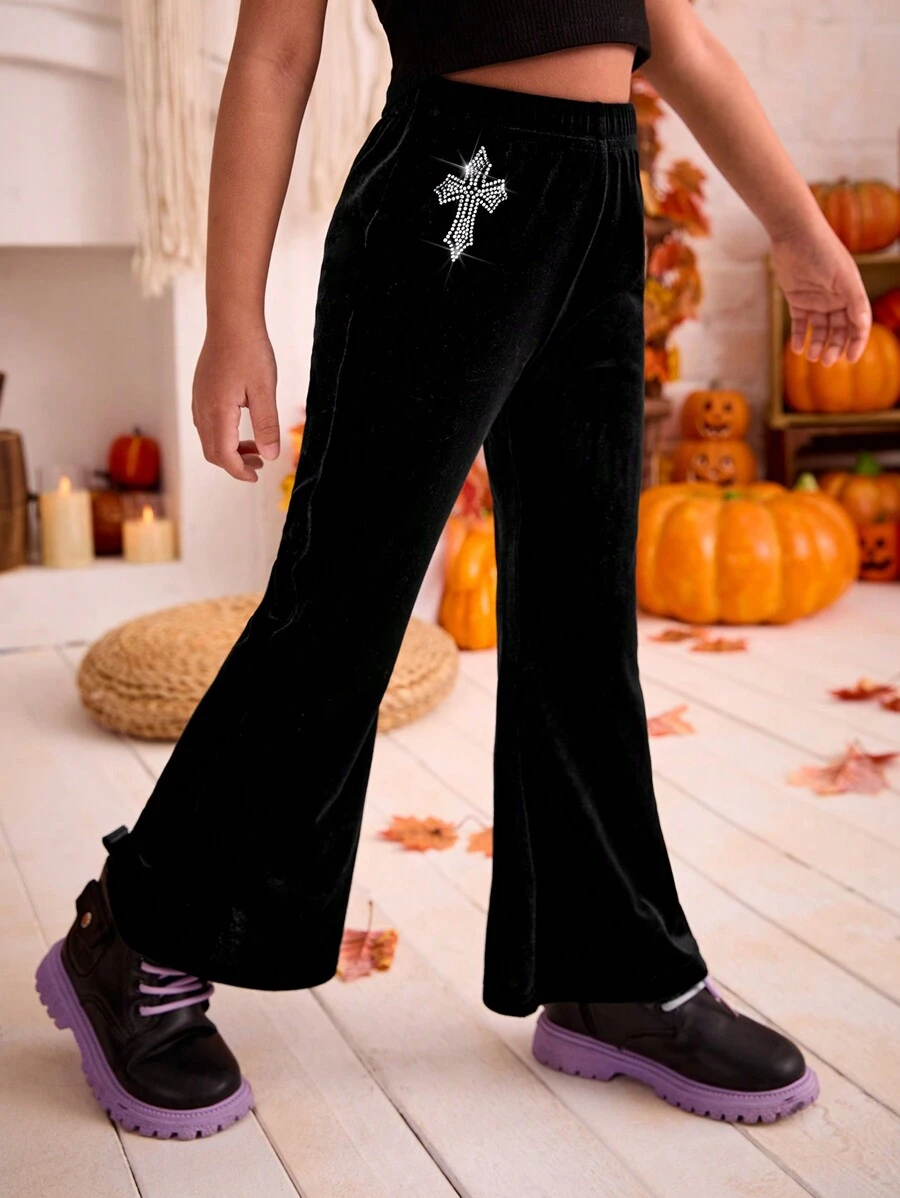 年轻女孩和年轻女孩的黑色水钻喇叭裤，秋季休闲装 - 黑色 - 查看 1