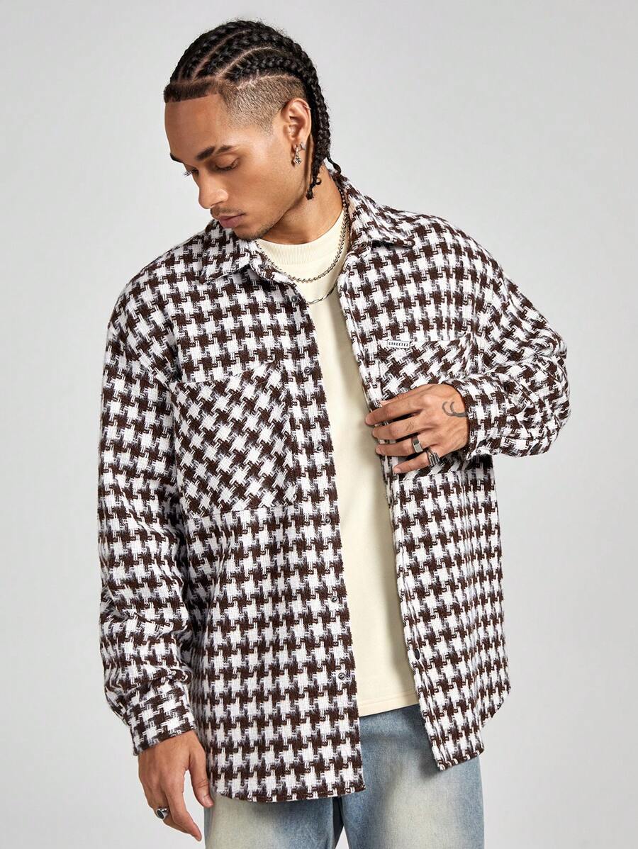 Manfinity VCAY 男士格子印花口袋休闲长袖外套，适合秋冬 - 棕色 - 查看 1