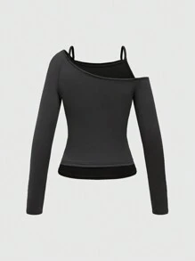 ROMWE Grunge Punk Grunge Vine Print Contrast Color Drop Shoulder Women T-Shirt - Dark Grey - View 2