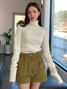 DAZY Áo thun cổ cao ôm sát màu trơn cho nữ, Áo dài tay cho nữ mùa thu, xuân và hè, Quần áo nữ mùa thu - Màu be - Xem 3