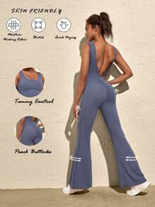 VARSITIE 纯色简约露背无袖女式运动连体裤露背连体裤性感连体裤连体裤性感女士连体裤女士性感连体裤 - 藍色 - 查看 7
