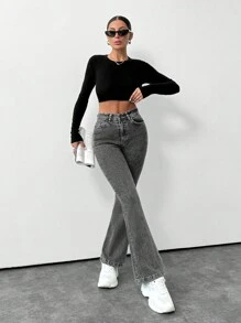 SHEIN PETITE 98% CottonWomen's Mid-Rise Flare Slightly Stretchy Washed Plain Denim Jeans - Grey - View 5