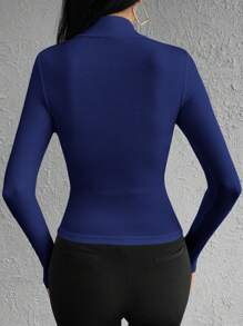 RueChic Solid Mock Neck Tee For Spring & Autumn - Blue - View 2