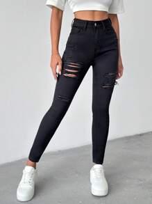 RueChic BLACK DESTROYED SKINNY HIGH WAIST JEANS