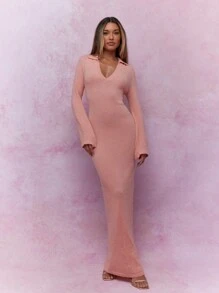 MISSGUIDED Knit Plunge Neck Collared Flared Long Sleeves Maxi Dress Winter Wear - Pink - View 1