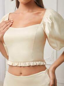 L'Amorae Bow Detail Puff Sleeve Ruffle Hem Square Neck Top