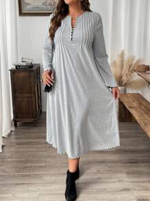SHEIN LUNE Long Sleeve Button Decorated Empire Waist A-Line Dress, Plus Size - Grey - View 7