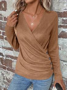 EMERY ROSE Women's Solid Color V-Neck Long Sleeve T-Shirt - Khaki - View 5
