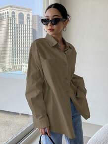DAZY 女士宽松翻领口袋长袖衬衫 - 咖啡棕 - 查看 4