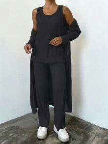 RueChic 素色背心上衣和褲子&落肩袖開門襟外套 - 深灰色 - 查看 4