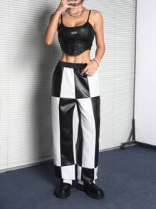 Muchica 女士秋冬街头风格撞色宽松皮革长裤 - 黑與白 - 查看 5