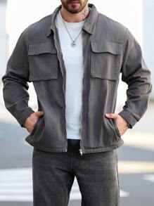 Manfinity Homme Plus Size Men's Solid Color Simple Casual Denim Jacket - Grey - View 5