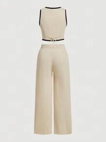 SHEIN MOD Plus Size Khaki Simple Versatile Contrast Black Trim Blazer Vest And Wide Leg Pants 2pcs Set