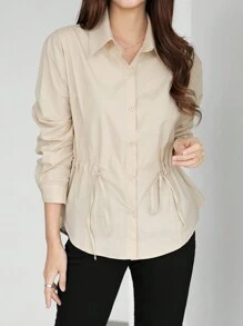 DAZY Women's Solid Color Simple Daily Long Sleeve Cinched Waist Blouse,Fall Clothes - Apricot - View 4