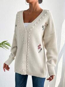 EURMUSE Floral Embroidery Pom Pom Detail Drop Shoulder Cardigan - Beige - View 3